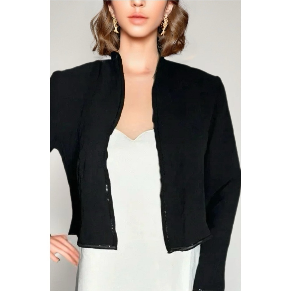 EILEEN FISHER 100% Silk Open Front Sheer Blouse Black Sequin Trim Elegant Crop